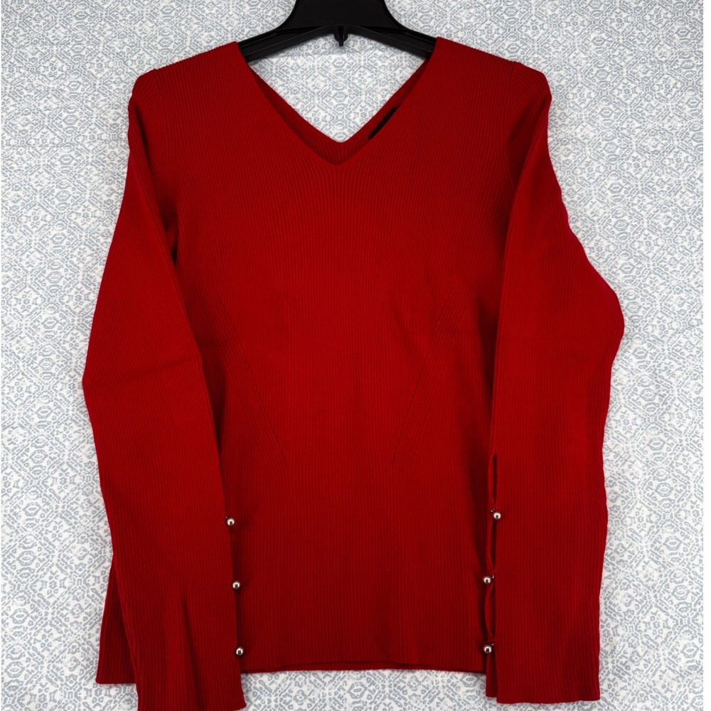 Ann Taylor Red Ribbed V-Neck Sweater Split Cuff Silver Bead Button Size L
